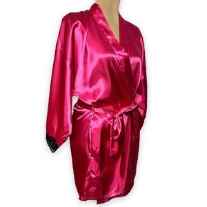 Frederick's Of Hollywood Robe Pink Satin Black Lace Trim Self Belt Size Large